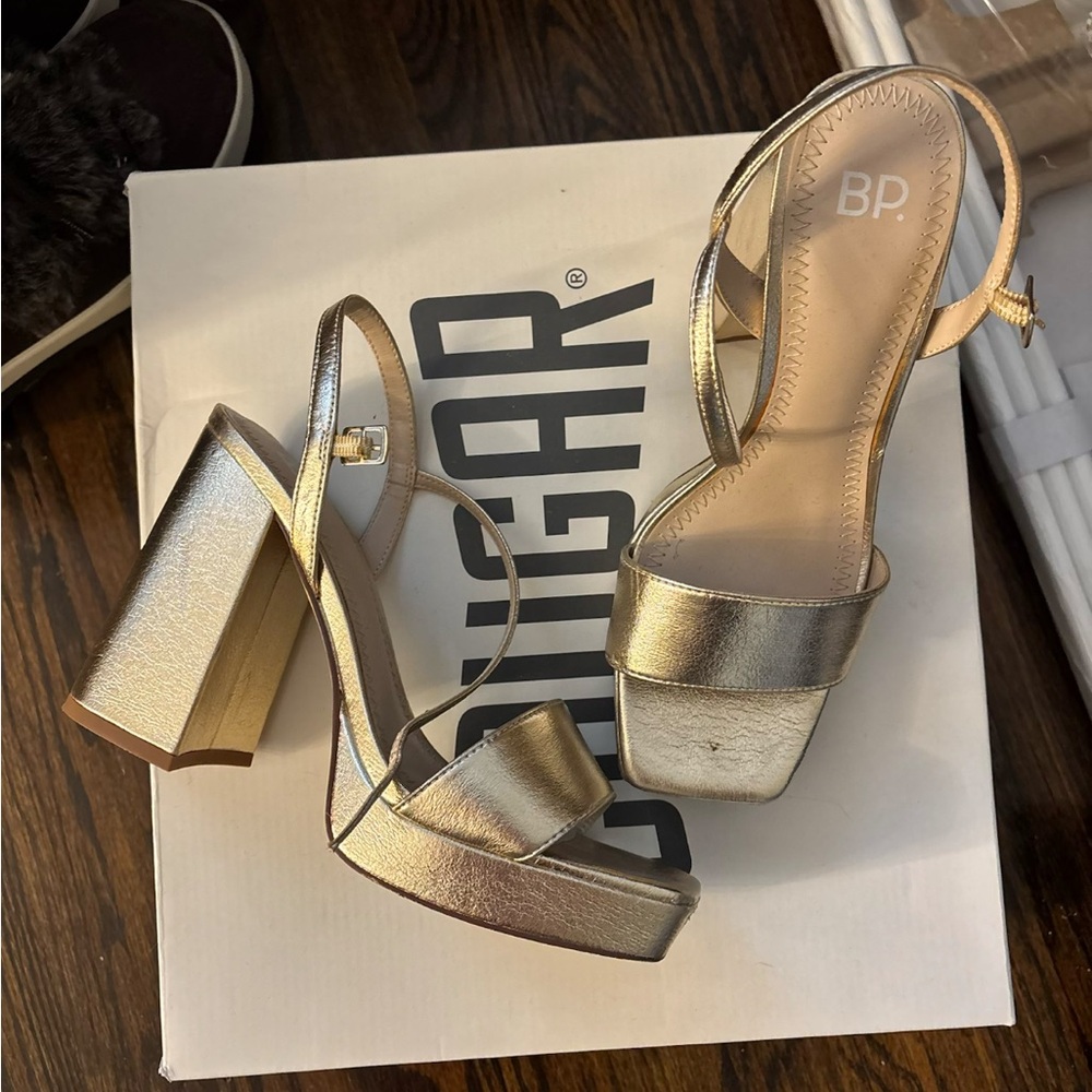 bp Metallic Gold Platform Block Heel Sandals